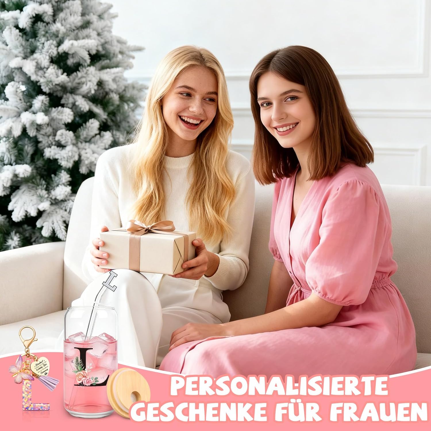 TUZELIYA M Personalised Gifts with Letters - Glass Mug with Lid & Straw + Keyring Letter, Gift for Women & Girls, Birthday, Valentine's Day – Bild 7