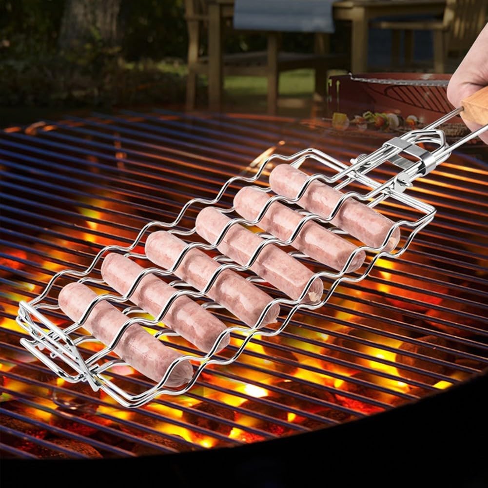 Robuster Wurstkorb - Abschließbar hält Nicr 6 zum Grillen Hitzebeständig Picknick Camping Outdoor BBQ Gitter Eisen Grillen mit Holzgriff für ideale Bratwurst