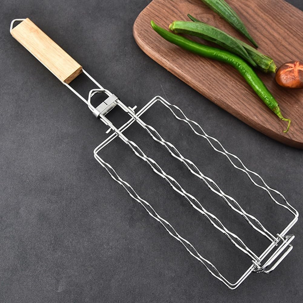 Robuster Wurstkorb - Abschließbar hält Nicr 6 zum Grillen Hitzebeständig Picknick Camping Outdoor BBQ Gitter Eisen Grillen mit Holzgriff für ideale Bratwurst – Bild 2