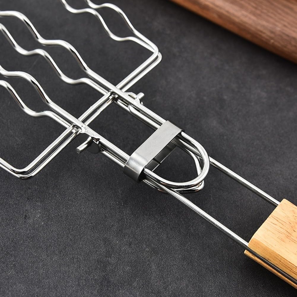 Robuster Wurstkorb - Abschließbar hält Nicr 6 zum Grillen Hitzebeständig Picknick Camping Outdoor BBQ Gitter Eisen Grillen mit Holzgriff für ideale Bratwurst – Bild 3