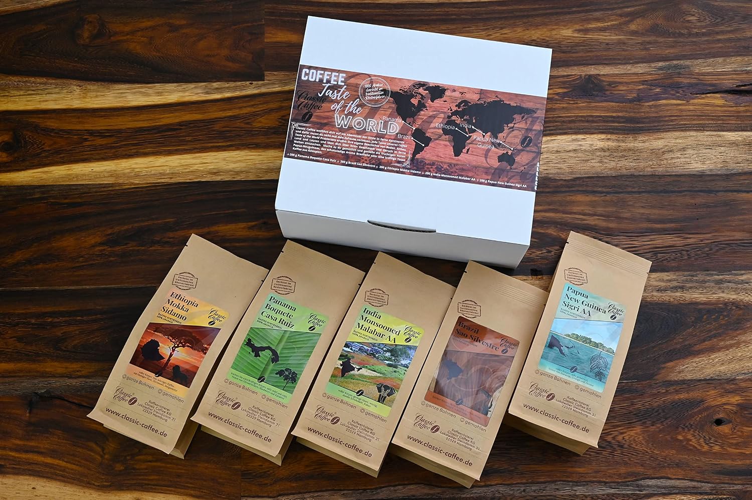 Classic Caffee - Premium Coffee World Travel Tasting Set 5 x 200 g Coffee Gift Set from Around the World - Coffee Lovers Gift - 100% Arabica - Medium Roast (Ground)