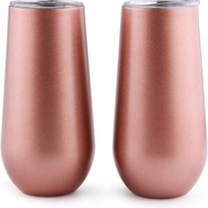 Sivaphe Champagne Glasses Set of 2 Stainless Steel Double-Walled Thermol Wine Glasses with Lid for Christmas (Rose Gold)