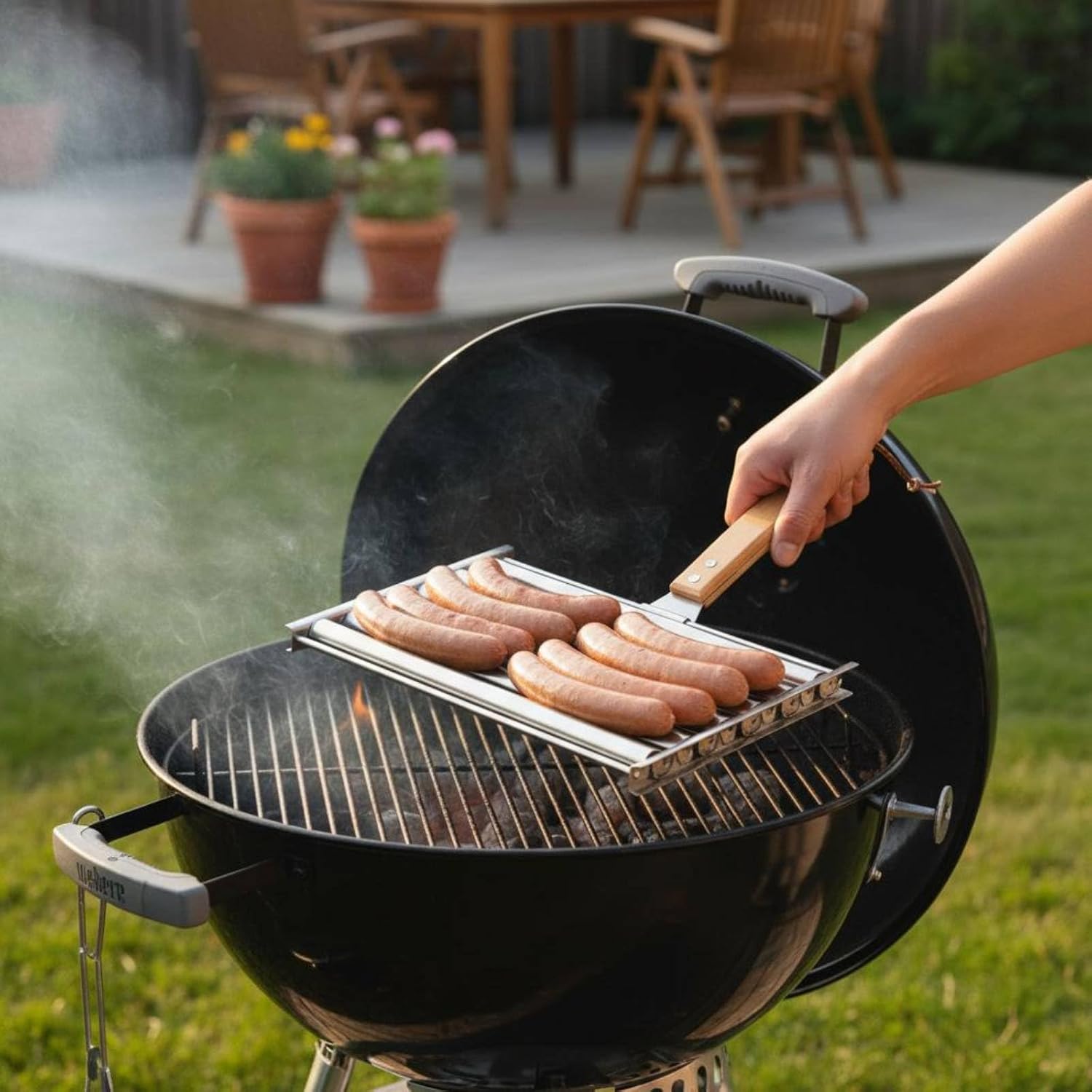 Grillrost Wurstgitter Wurstgrill Wurstkorb aus Edelstahl mit Rollender Drehfunktion Und Sicherem Holzgriff für Grillen Am Lagerfeuer Balkon Garten Wochenendausflug, size to 2 – Bild 3