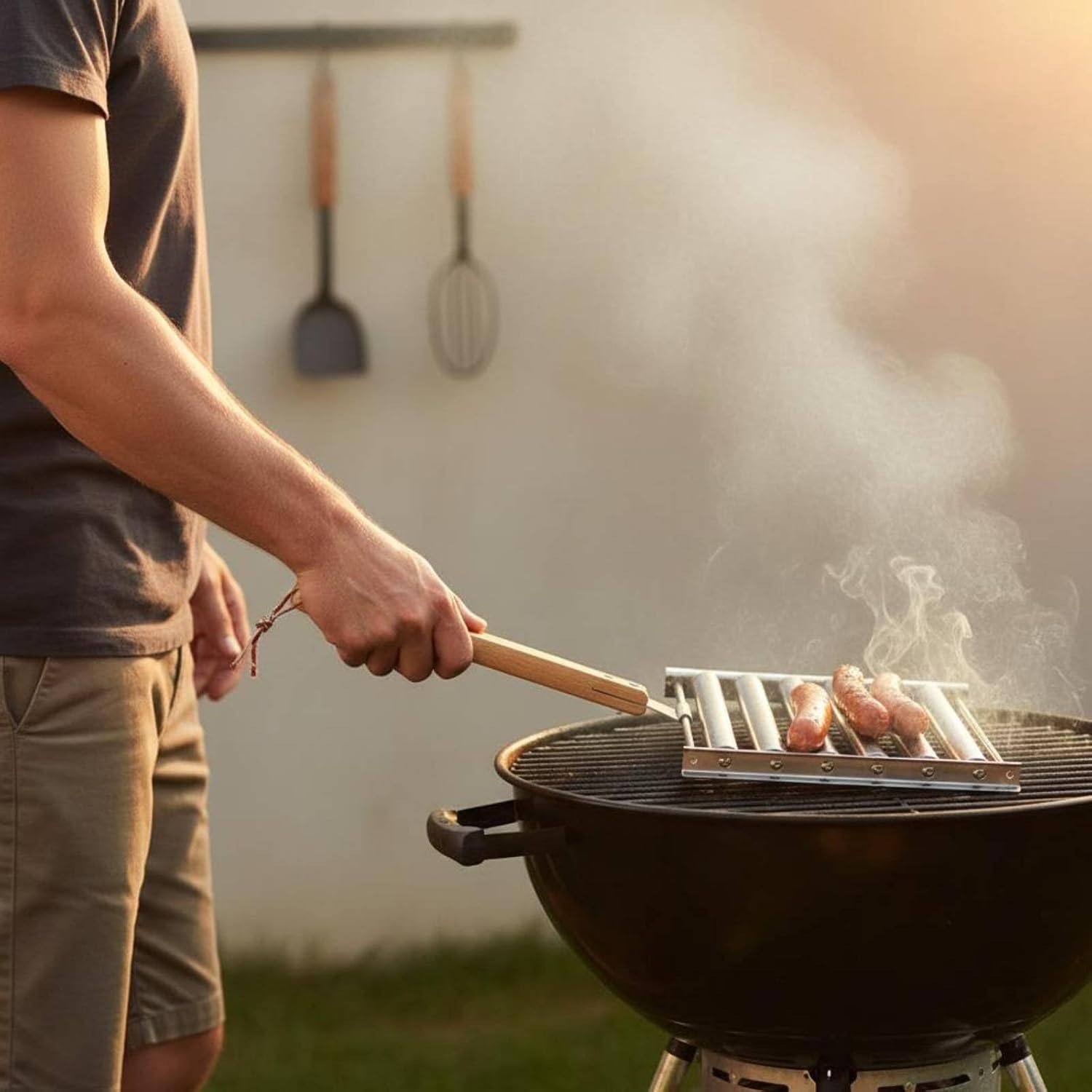Grillrost Wurstgitter Wurstgrill Wurstkorb aus Edelstahl mit Rollender Drehfunktion Und Sicherem Holzgriff für Grillen Am Lagerfeuer Balkon Garten Wochenendausflug, size to 2 – Bild 5