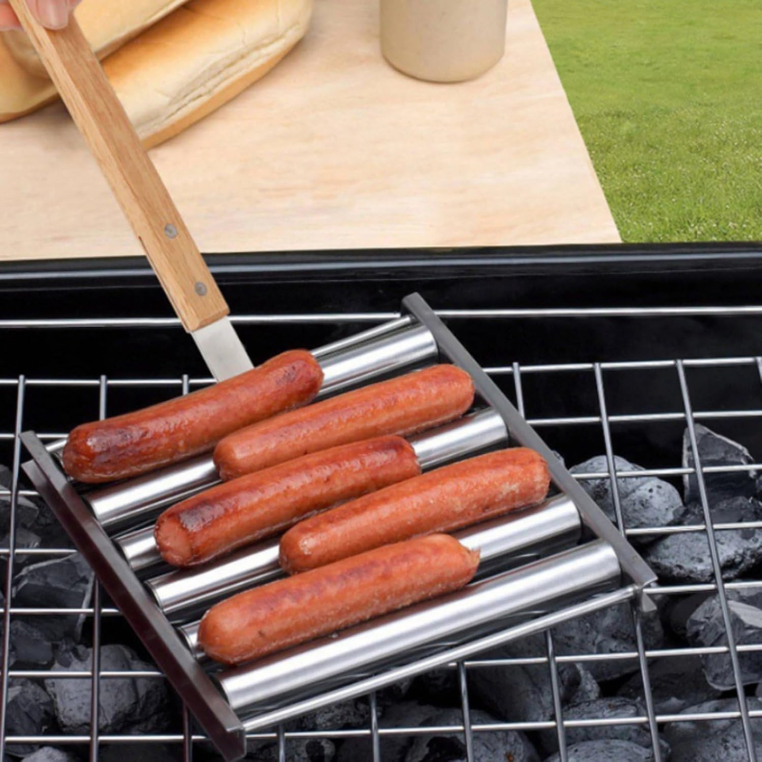 Grillrost Wurstgitter Wurstgrill Wurstkorb aus Edelstahl mit Rollender Drehfunktion Und Sicherem Holzgriff für Grillen Am Lagerfeuer Balkon Garten Wochenendausflug, size to 2 – Bild 6