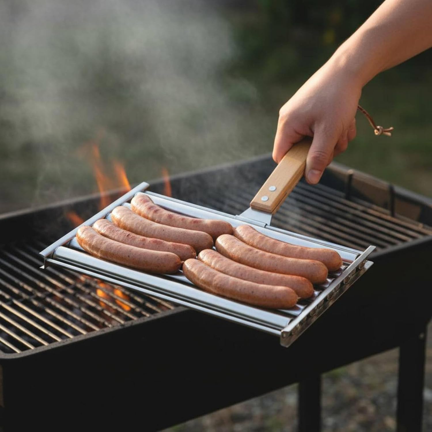 Grillrost Wurstgitter Wurstgrill Wurstkorb aus Edelstahl mit Rollender Drehfunktion Und Sicherem Holzgriff für Grillen Am Lagerfeuer Balkon Garten Wochenendausflug, size to 2 – Bild 7