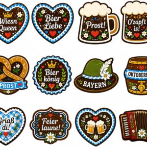 Set of 12 Oktoberfest Badges Felt Set, Oktoberfest Accessories with Gingerbread Heart, Beer Mug, Pretzel Bavaria Hat Motifs, Oktoberfest Decoration for Dirndl Costume Oktoberfest Women’s Outfit