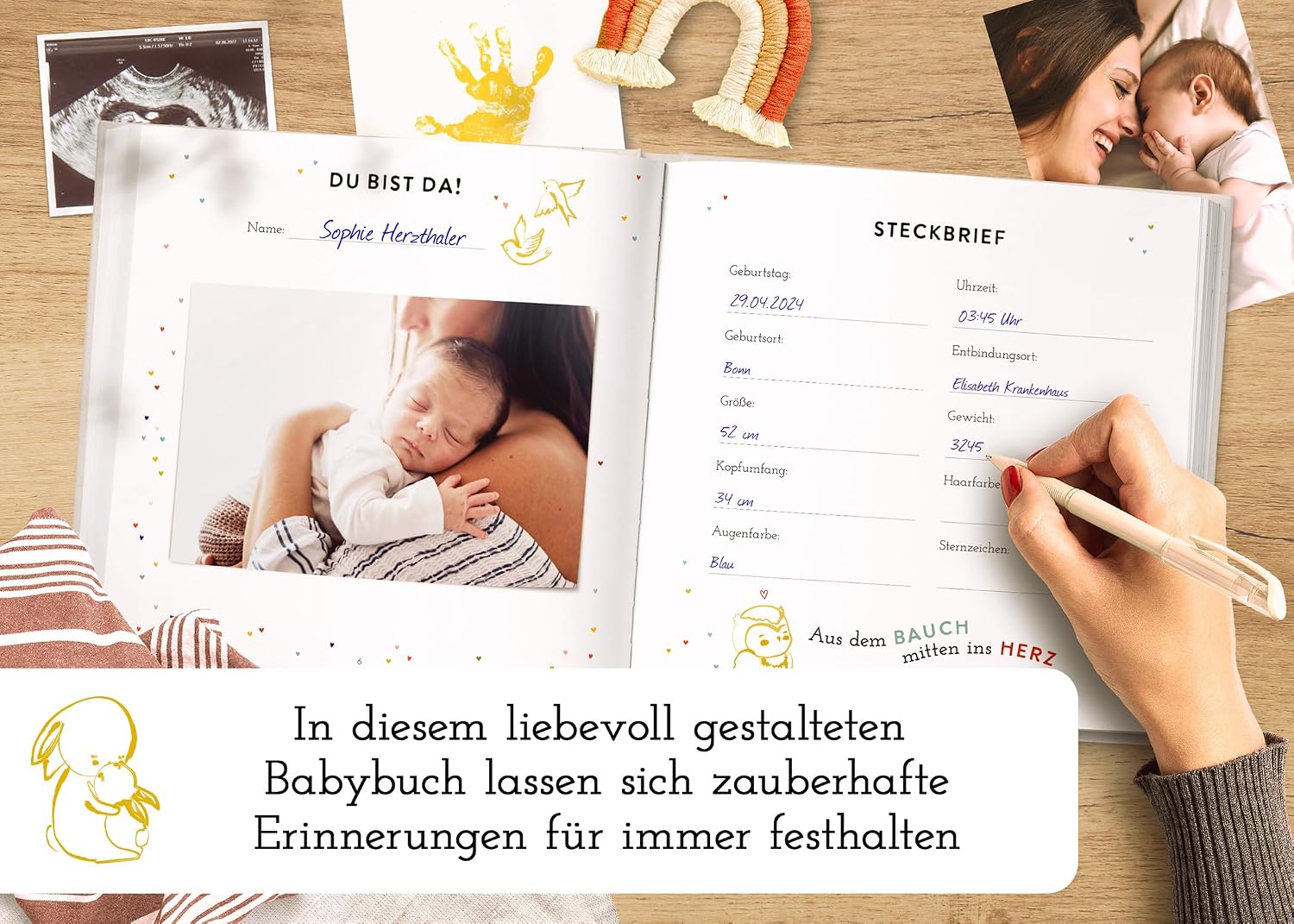 My First Year Baby Album - High-Quality Linen Book with Gold Embossing for the Most Beautiful Memories - Baby Book to Enter for the First Year of Life - Baby Gift for Birth (Toy Blue) – Bild 3
