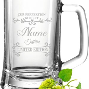 GRAVURZEILE Beer Mug with Engraving – Matured to Perfection – Personalised with Name and Date – Gifts for Him and Her – Personal Gift for Birthday or Christmas – Size: 0.5 L