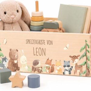 Kidsmood Wooden Box with Desired Name – Stylish Toy Box for Baby & Children’s Room | Ideal Storage Box for Children for Toy Storage | Personalised Gifts Baby – Forest Animals