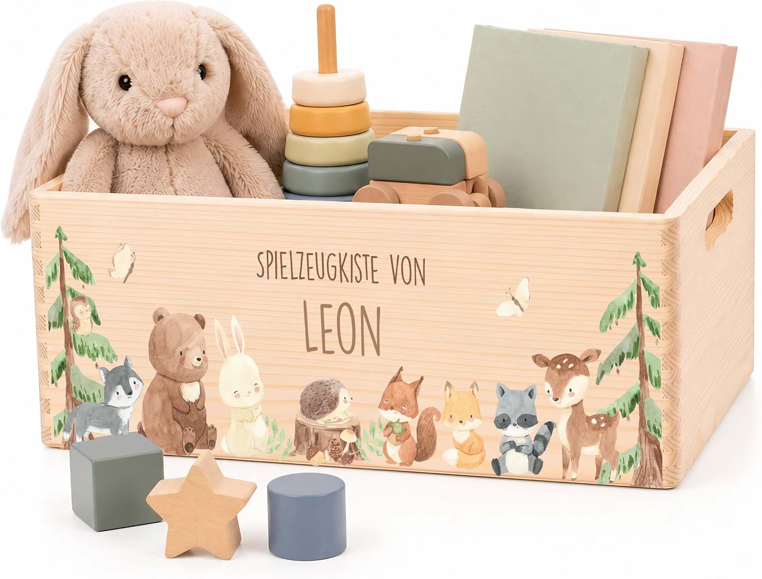 Kidsmood Wooden Box with Desired Name - Stylish Toy Box for Baby & Children's Room | Ideal Storage Box for Children for Toy Storage | Personalised Gifts Baby - Forest Animals