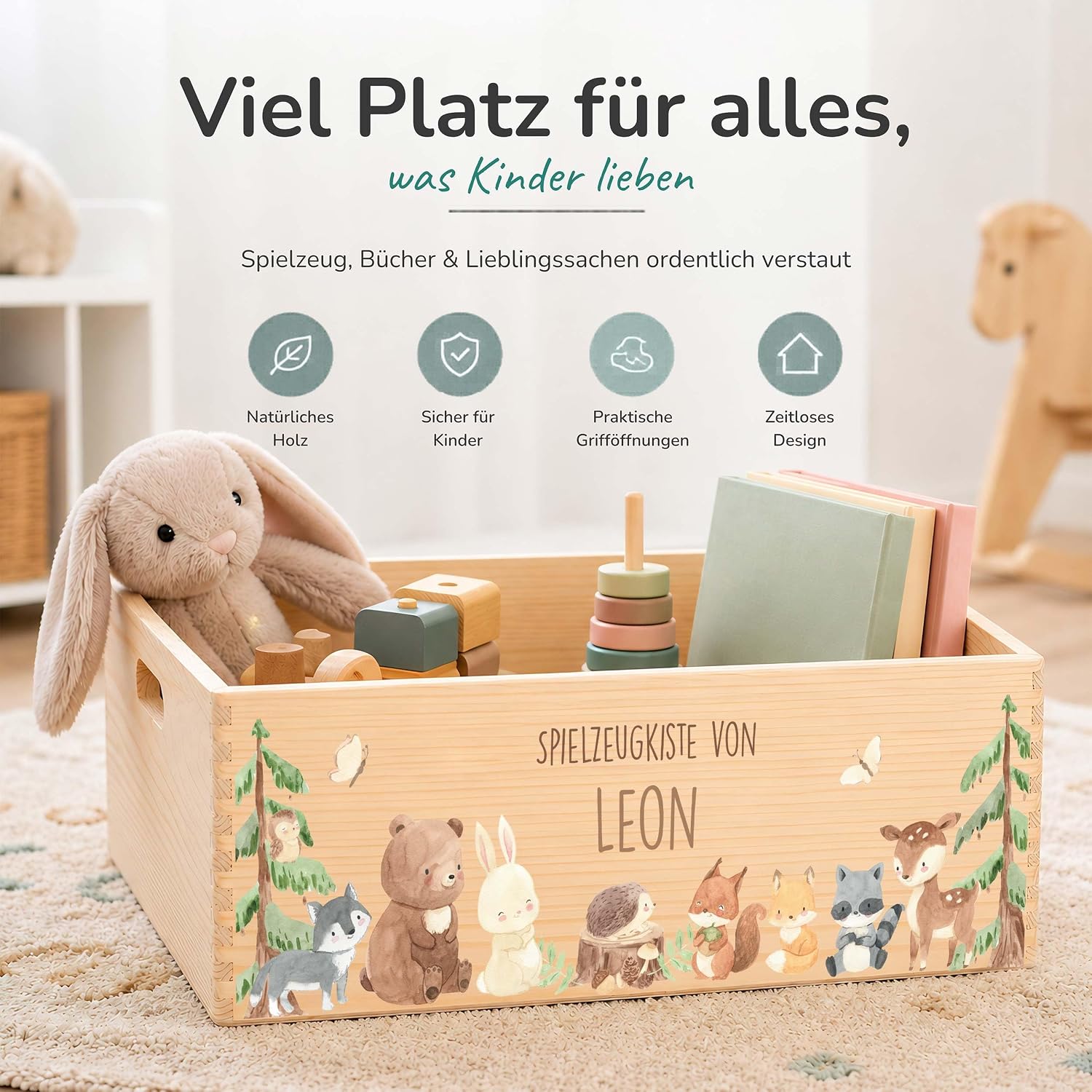 Kidsmood Wooden Box with Desired Name - Stylish Toy Box for Baby & Children's Room | Ideal Storage Box for Children for Toy Storage | Personalised Gifts Baby - Forest Animals – Bild 2