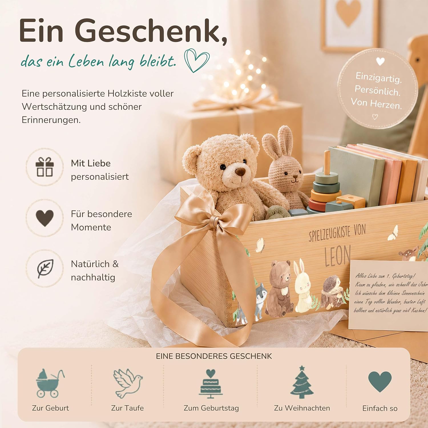 Kidsmood Wooden Box with Desired Name - Stylish Toy Box for Baby & Children's Room | Ideal Storage Box for Children for Toy Storage | Personalised Gifts Baby - Forest Animals – Bild 4