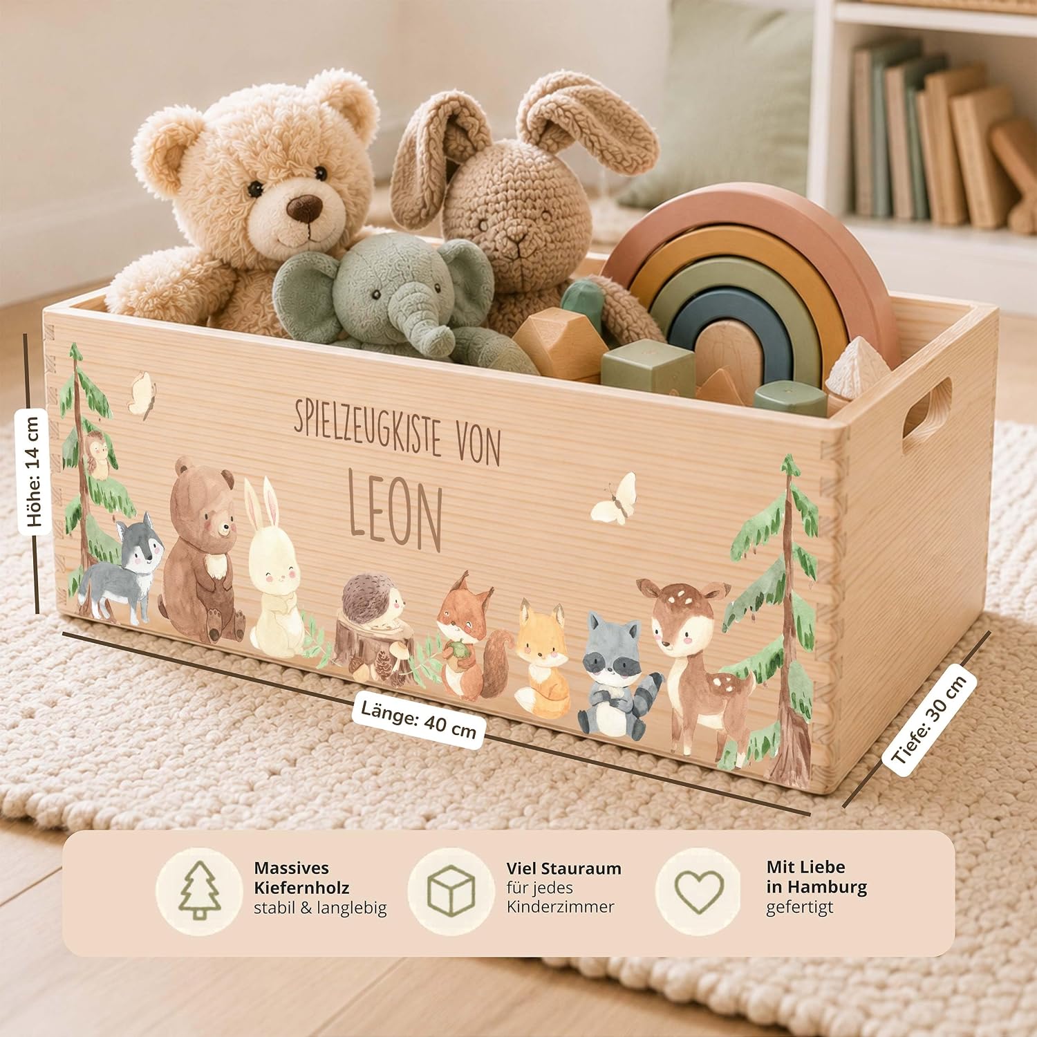 Kidsmood Wooden Box with Desired Name - Stylish Toy Box for Baby & Children's Room | Ideal Storage Box for Children for Toy Storage | Personalised Gifts Baby - Forest Animals – Bild 3