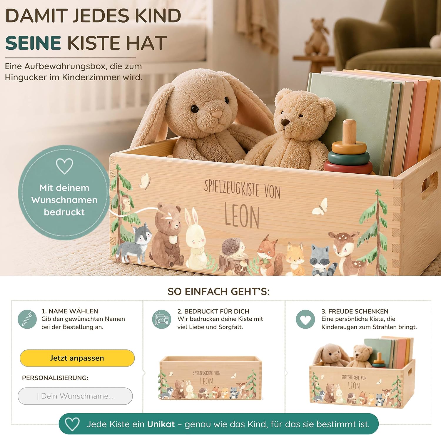 Kidsmood Wooden Box with Desired Name - Stylish Toy Box for Baby & Children's Room | Ideal Storage Box for Children for Toy Storage | Personalised Gifts Baby - Forest Animals – Bild 5