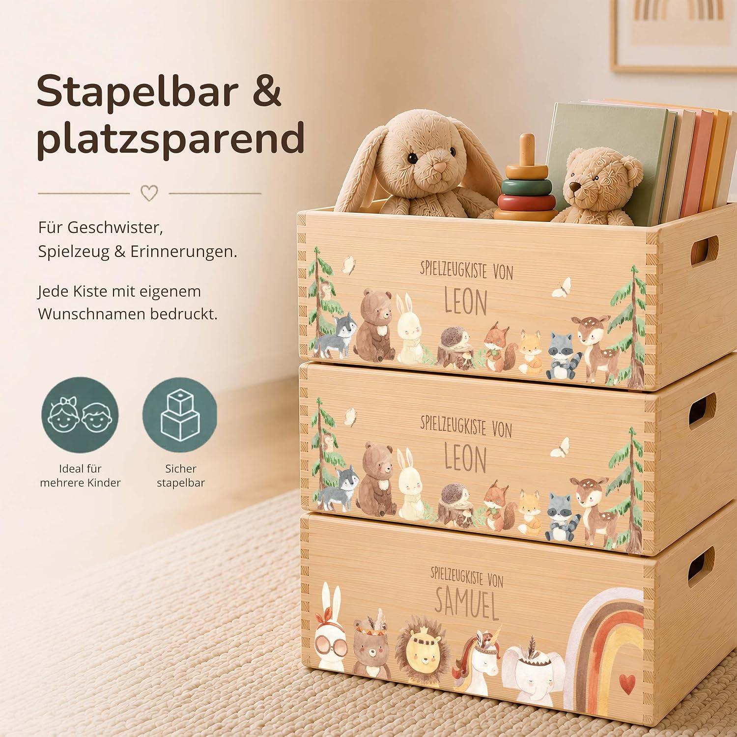 Kidsmood Wooden Box with Desired Name - Stylish Toy Box for Baby & Children's Room | Ideal Storage Box for Children for Toy Storage | Personalised Gifts Baby - Forest Animals – Bild 6