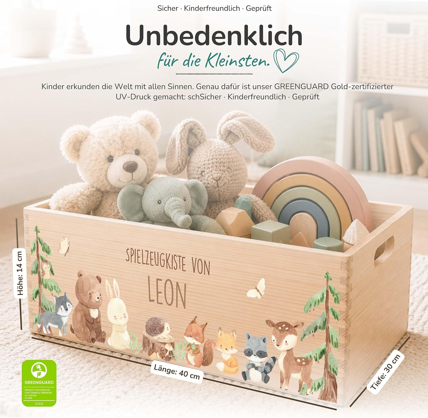 Kidsmood Wooden Box with Desired Name - Stylish Toy Box for Baby & Children's Room | Ideal Storage Box for Children for Toy Storage | Personalised Gifts Baby - Forest Animals – Bild 7