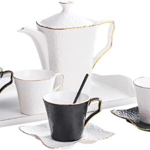 Porcelain Espresso Cup Set, Cup and Saucer Set, Coffee Tea Gift Sets Porcelain Ceramic, Cups and for 4 People, Tea Sets with Black Teapot, Tea Cups