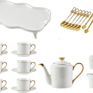 Tea Cups and Plates, 21 Piece White Porcelain Coffee and Tea Gift Set for Adults, Ceramic Tea Cups and Saucers for 6 People, Teapot, Sugar Bowl and Teaspoon