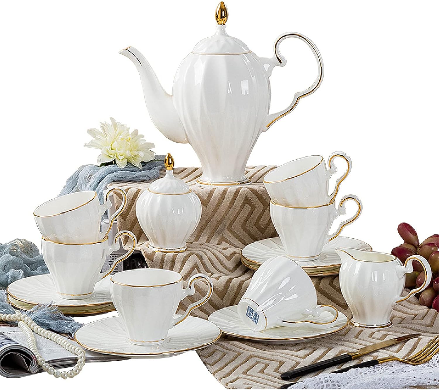 Tea Mug and Plate, 15 Piece Afternoon Tea Set for Adults, Porcelain Coffee and Tea Gift Sets for 6 People with Ceramic Teapot and Sugar Bowl