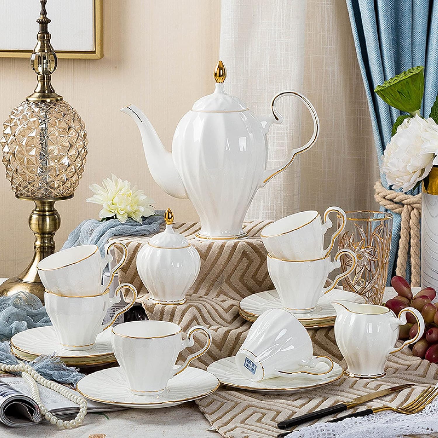 Tea Mug and Plate, 15 Piece Afternoon Tea Set for Adults, Porcelain Coffee and Tea Gift Sets for 6 People with Ceramic Teapot and Sugar Bowl – Bild 5