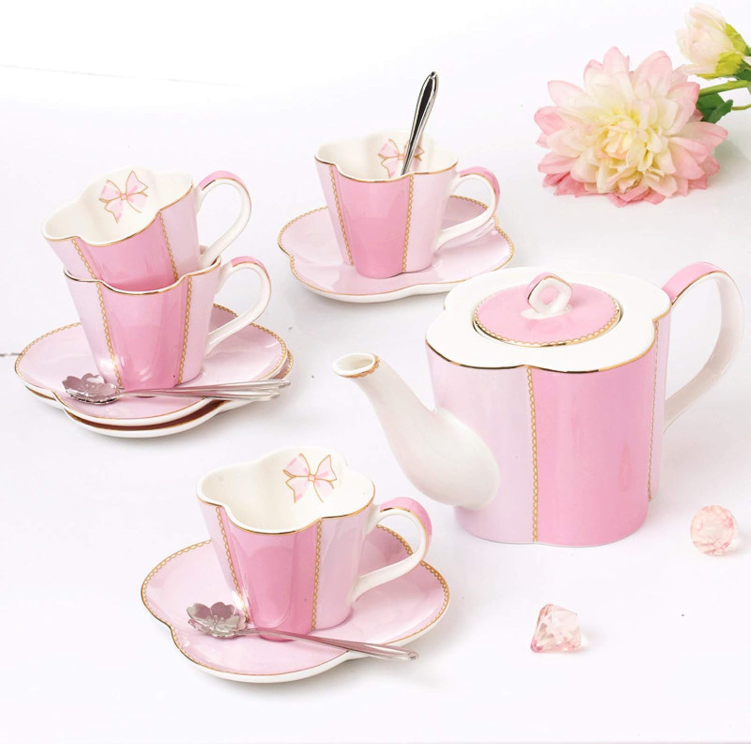Porcelain Ceramic Coffee Tea Gift Sets Coffee Cup for 4 Series Bone China Teapot with Tea Cups and Teaspoons Birthday Wedding Gifts, Pink – Bild 2