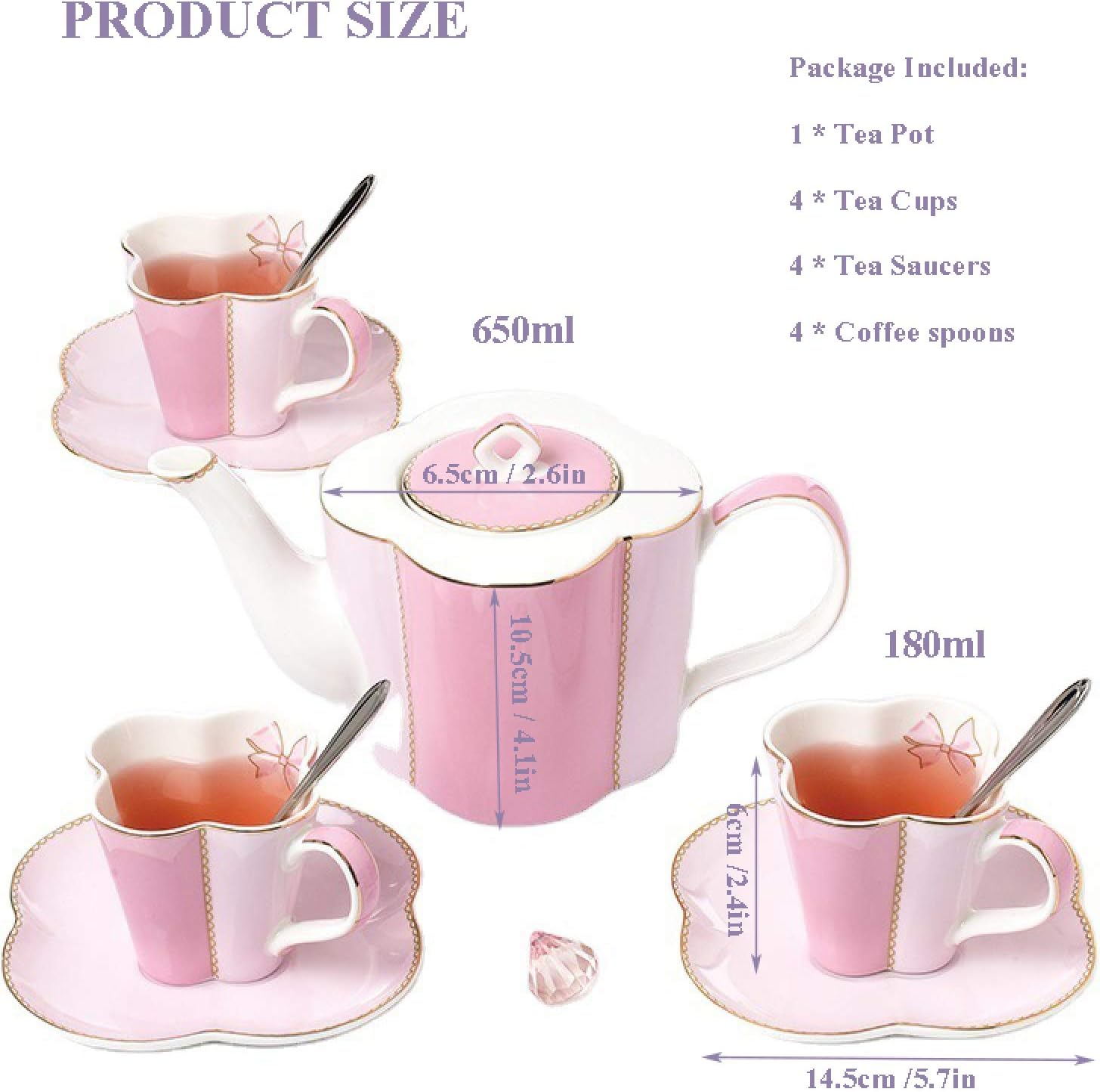 Porcelain Ceramic Coffee Tea Gift Sets Coffee Cup for 4 Series Bone China Teapot with Tea Cups and Teaspoons Birthday Wedding Gifts, Pink – Bild 3
