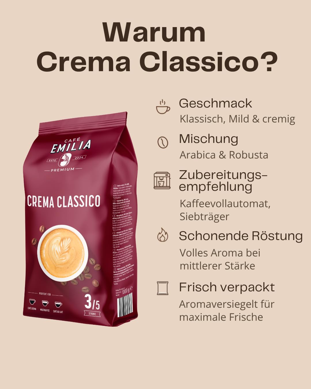 EMILIA Crema Classico Coffee Beans 4 x 1 kg - Premium Coffee Whole Beans - Medium Roast (Thickness 3/5) - Matched to Fully Automatic Coffee Machine & Portafilter - as Café Crema, Latte & Café au Lait – Bild 5