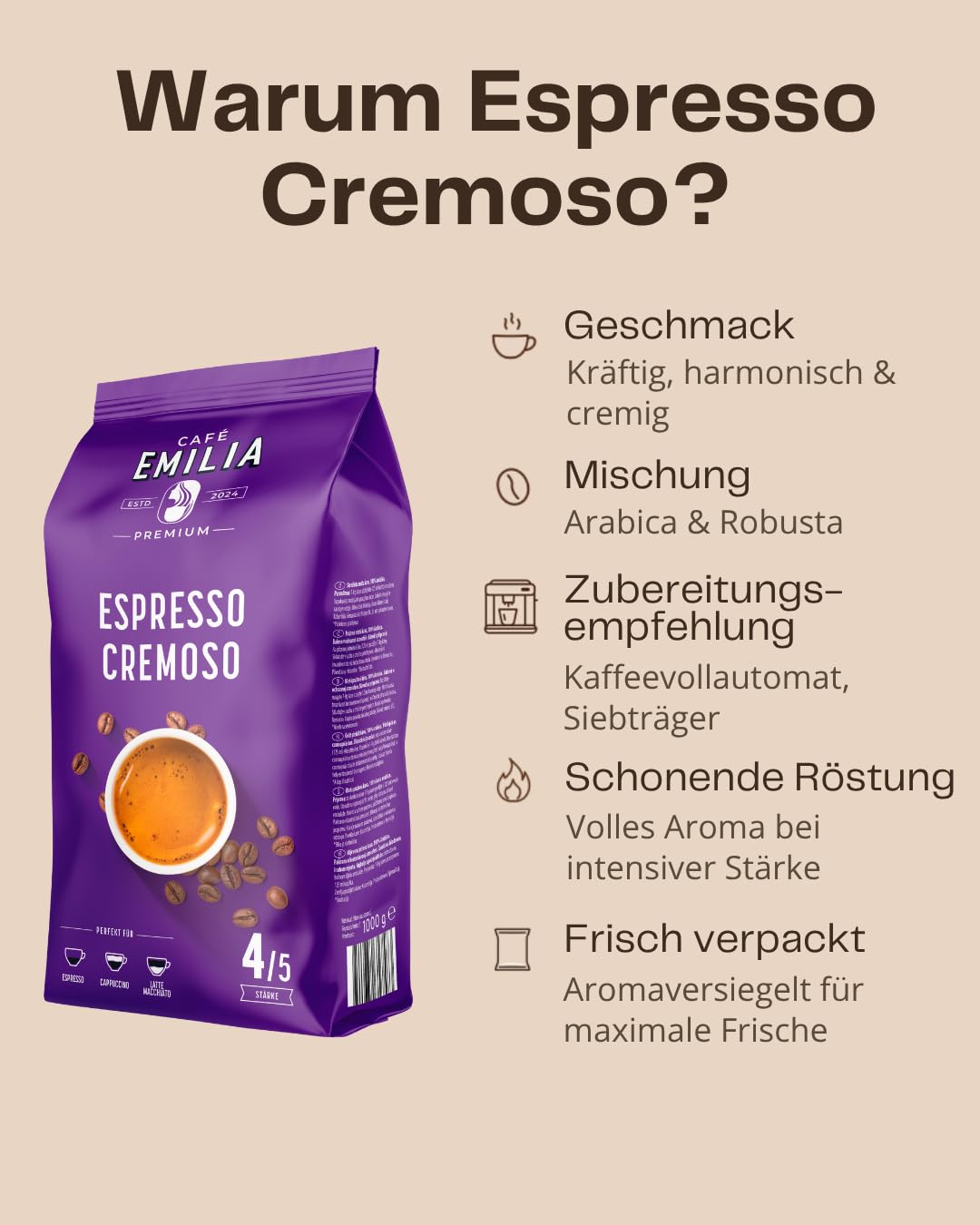 EMILIA Espresso Cremoso Beans 2 x 1 kg - Premium Espresso Beans - Dark Roast (Thickness 4/5) - Matched to Fully Automatic Coffee Machine & Portafilter - Ideal for Espresso, Cappuccino & Latte – Bild 5