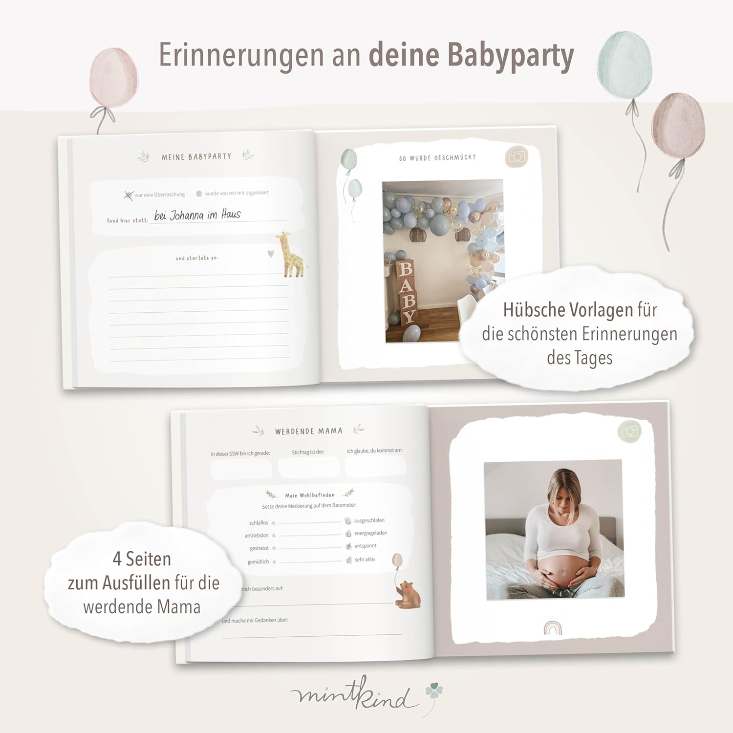 mintkind Guest Book "Meine Babyparty" Sage - Baby Shower Gift for Boys & Girls, Baby Shower & Gender Reveal Decoration, Baby Photo Album for DIY – Bild 3