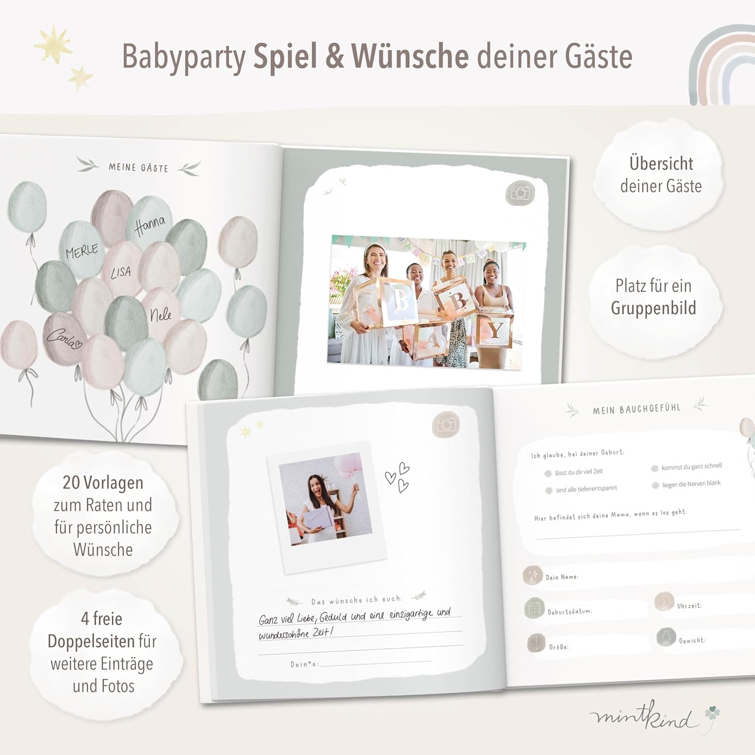 mintkind Guest Book "Meine Babyparty" Sage - Baby Shower Gift for Boys & Girls, Baby Shower & Gender Reveal Decoration, Baby Photo Album for DIY – Bild 4