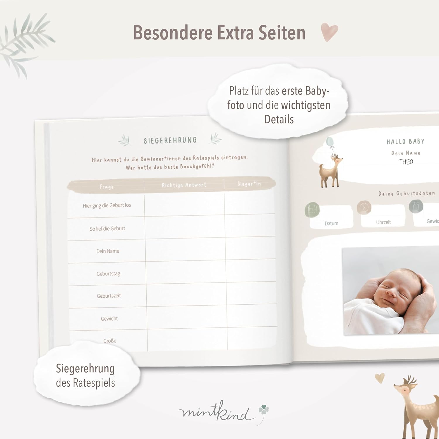 mintkind Guest Book "Meine Babyparty" Sage - Baby Shower Gift for Boys & Girls, Baby Shower & Gender Reveal Decoration, Baby Photo Album for DIY – Bild 5