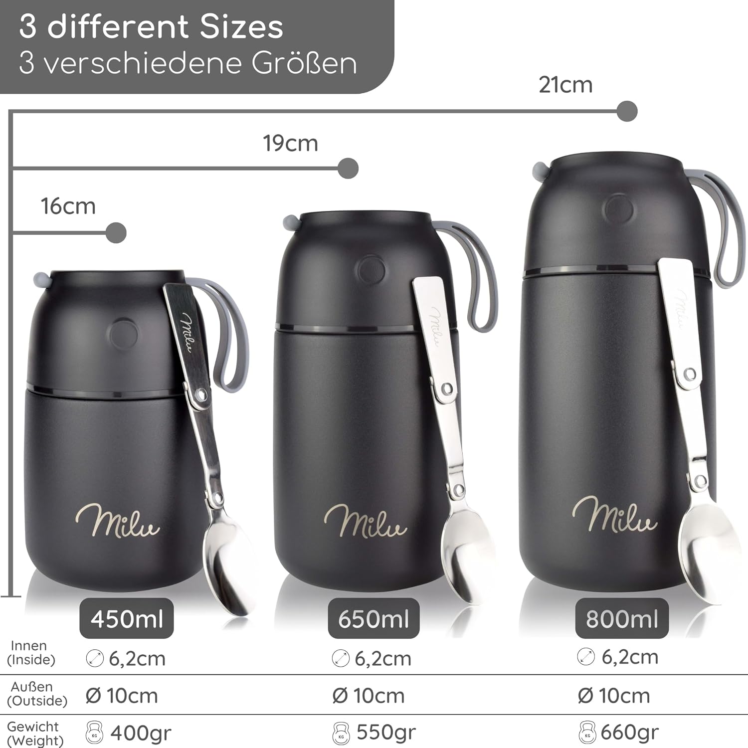 Milu® Thermal Food Container with Engraving, 450/650/800 ml, Gift Idea, Customisable, Gift for Christmas for Men, Women, Mum, Dad, Girlfriend (800 ml) – Bild 7