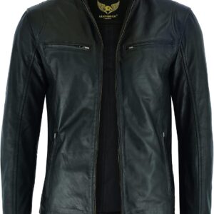 Leatherick Herren Premium Nappa Schafsleder Cafe Racer Schwarze Bikerjacke