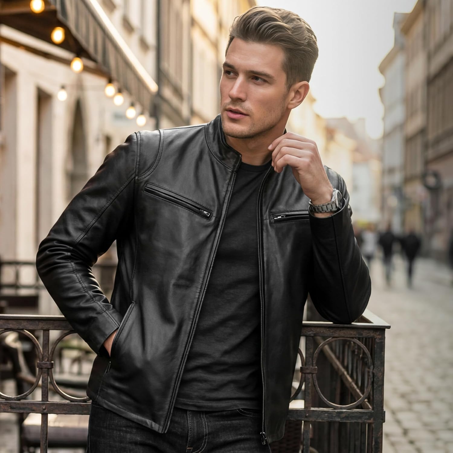 Leatherick Herren Premium Nappa Schafsleder Cafe Racer Schwarze Bikerjacke – Bild 3