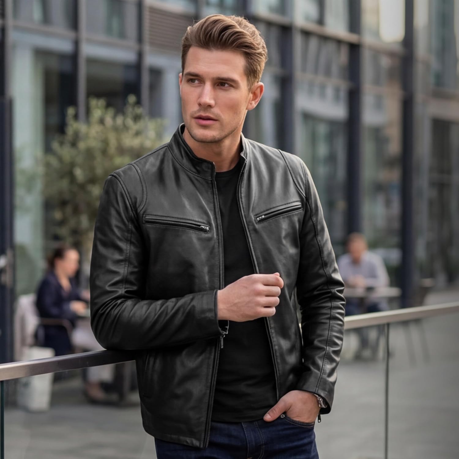 Leatherick Herren Premium Nappa Schafsleder Cafe Racer Schwarze Bikerjacke – Bild 6