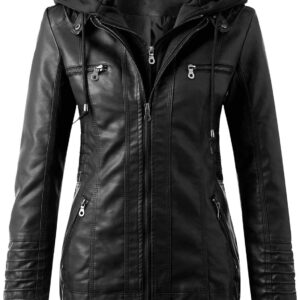 Generisch Leather Jacket Women’s Faux Leather Jacket Women’s Leather Jacket with Hood, Long Sleeve Hooded Jacket Motorcycle Jacket Slim Fit Hoodie Coat Zip Streetwear Women Transition Jacket