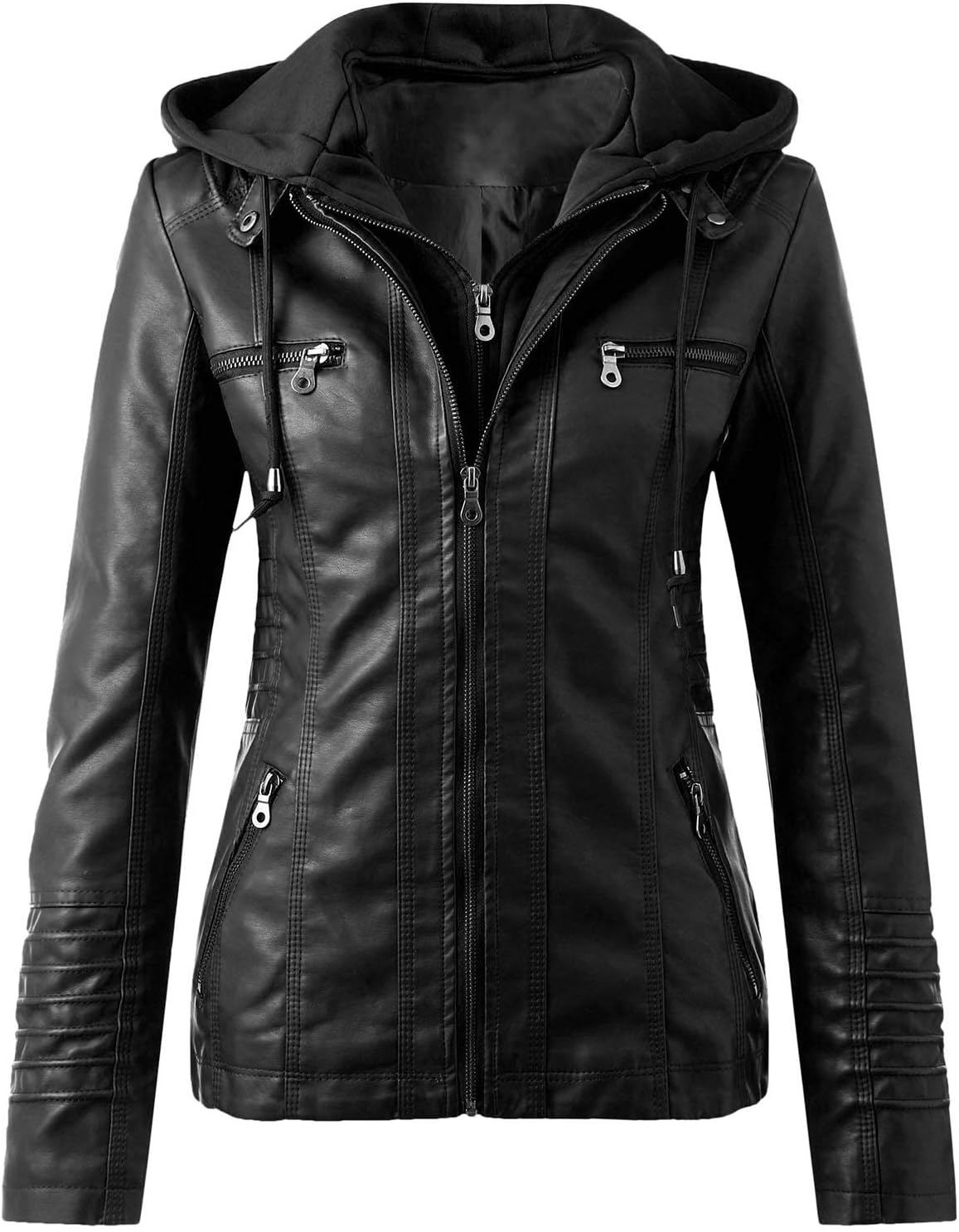 Generisch Leather Jacket Women's Faux Leather Jacket Women's Leather Jacket with Hood, Long Sleeve Hooded Jacket Motorcycle Jacket Slim Fit Hoodie Coat Zip Streetwear Women Transition Jacket