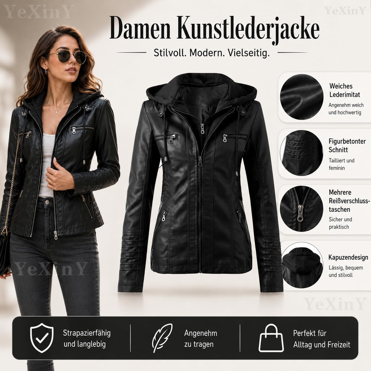 Generisch Leather Jacket Women's Faux Leather Jacket Women's Leather Jacket with Hood, Long Sleeve Hooded Jacket Motorcycle Jacket Slim Fit Hoodie Coat Zip Streetwear Women Transition Jacket – Bild 3
