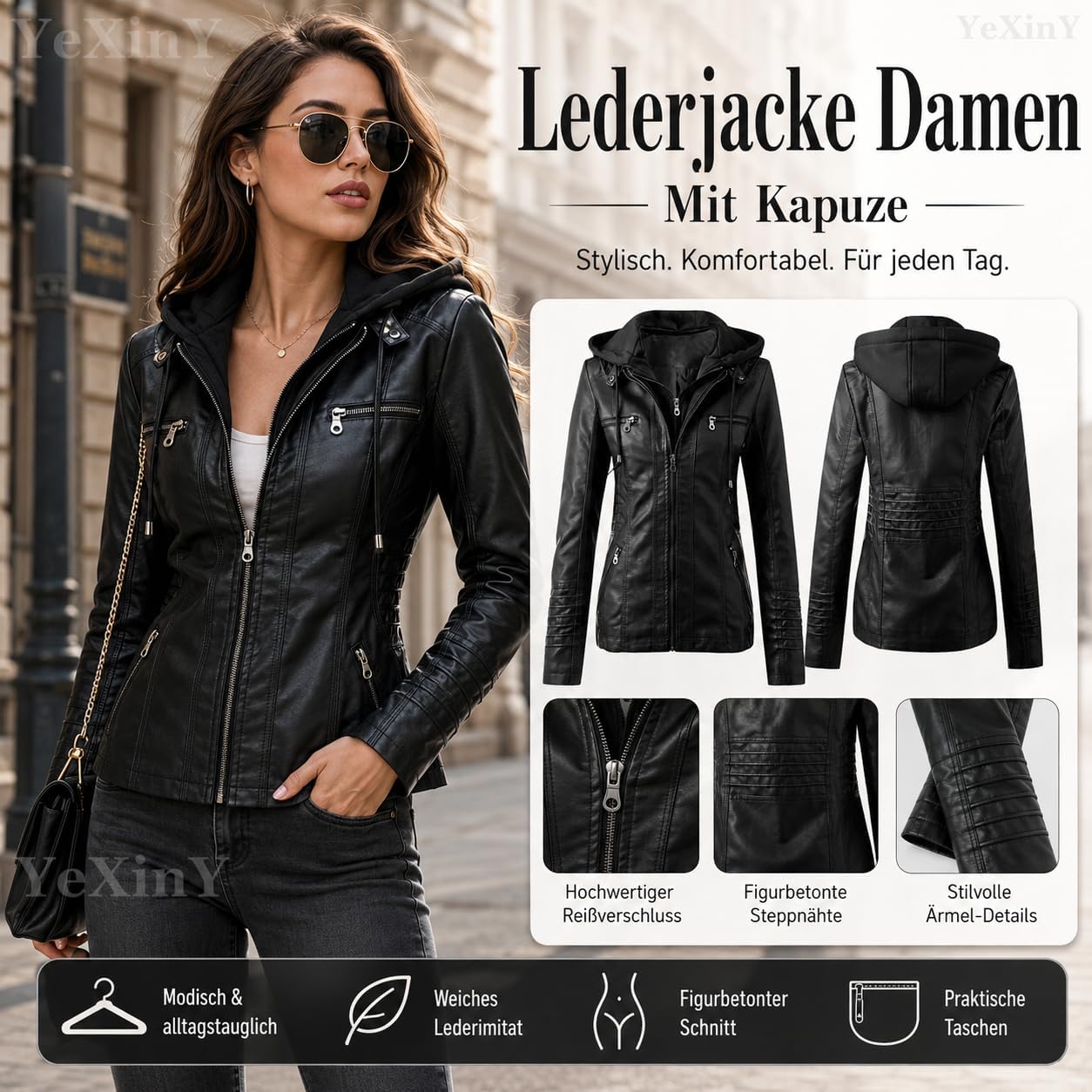 Generisch Leather Jacket Women's Faux Leather Jacket Women's Leather Jacket with Hood, Long Sleeve Hooded Jacket Motorcycle Jacket Slim Fit Hoodie Coat Zip Streetwear Women Transition Jacket – Bild 5