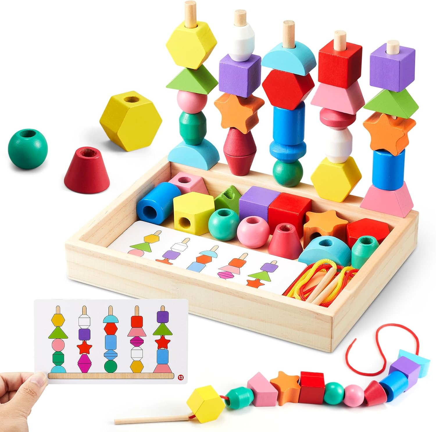 Montessori Toy from 3 4 5 Years Motor Skills Toy Threading Game Building Blocks Sorting Game for Children, Wooden Stacking Game Fine Motor Skills Educational Games Gift for Baby Boy Girl – Bild 3