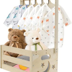 Wooden Baby Gift Basket Wardrobe Baby Storage Basket with Handle and 5 Hangers Wooden Baby Shower Cabinet for Birthdays Christmas New Parents