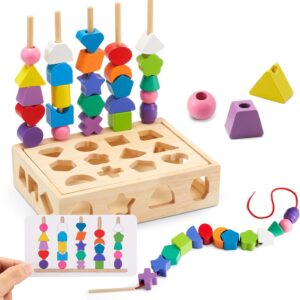 Montessori Toy from 3 4 5 Years Motor Skills Toy Threading Game Building Blocks Sorting Game for Children, Wooden Stacking Game Fine Motor Skills Educational Games Gift for Baby Boy Girl