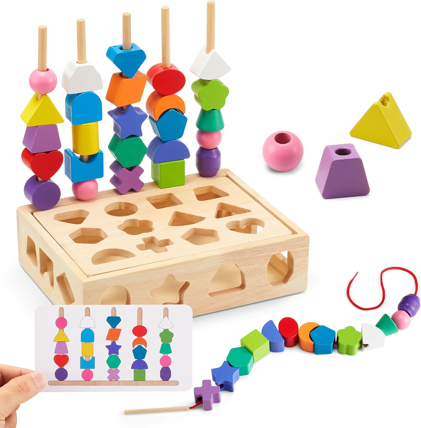 Montessori Toy from 3 4 5 Years Motor Skills Toy Threading Game Building Blocks Sorting Game for Children, Wooden Stacking Game Fine Motor Skills Educational Games Gift for Baby Boy Girl