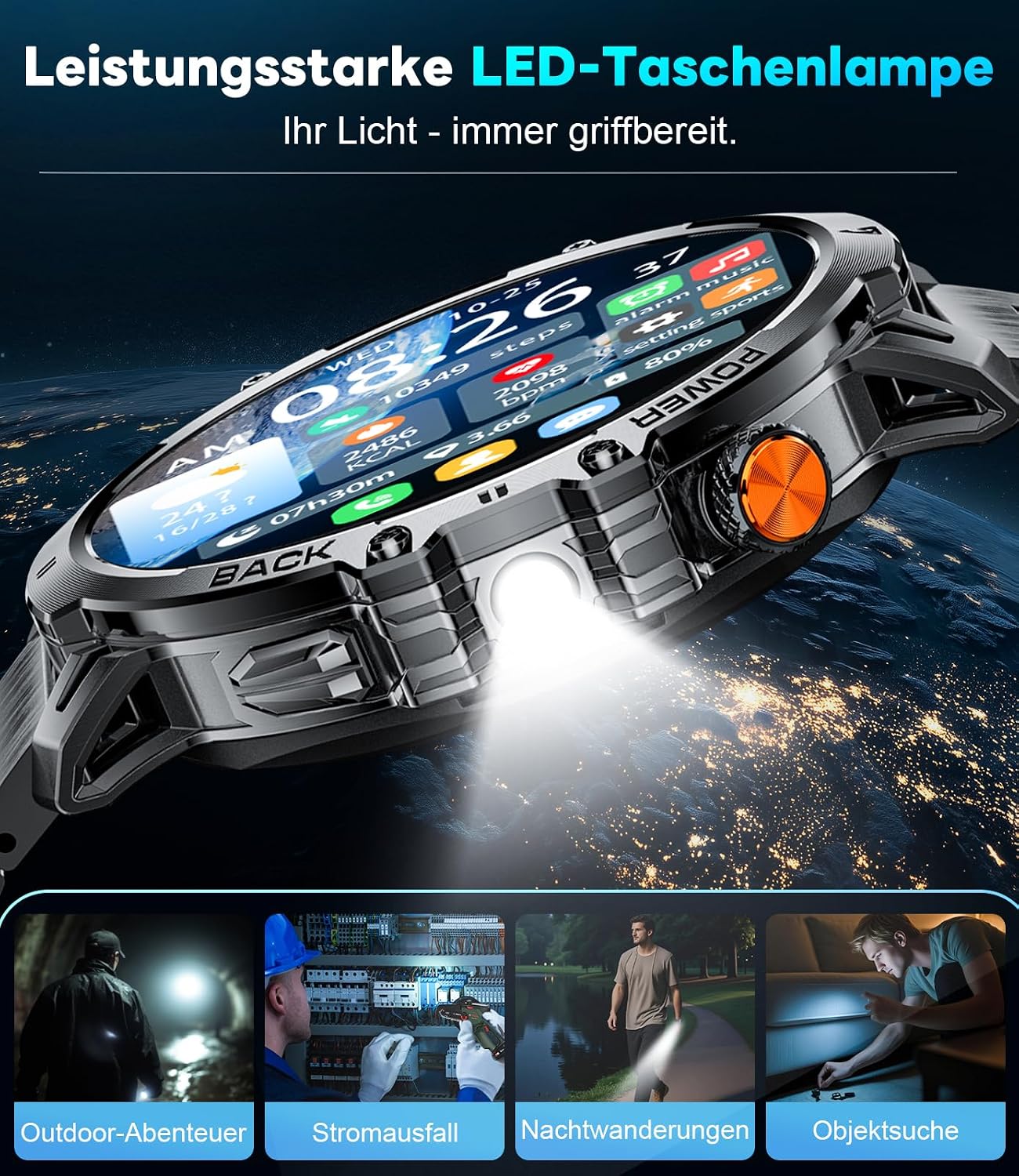 LIGE Men's Military Smartwatch - 1400 mAh / 1.85 Inch HD Large Touch Screen/Light – Bild 3