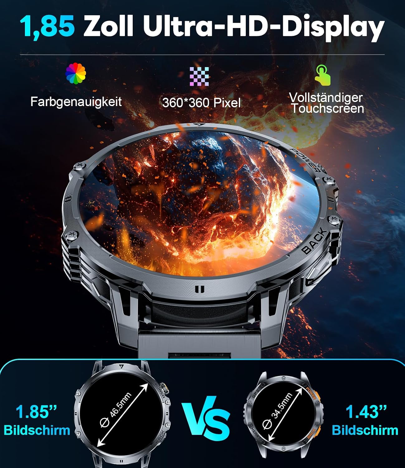 LIGE Men's Military Smartwatch - 1400 mAh / 1.85 Inch HD Large Touch Screen/Light – Bild 4