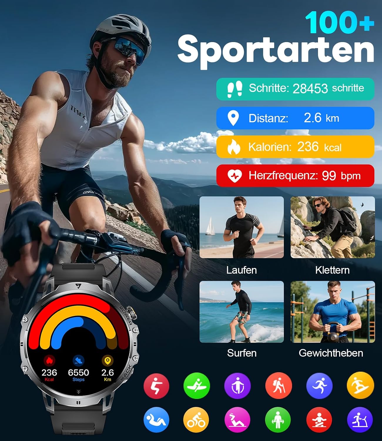 LIGE Men's Military Smartwatch - 1400 mAh / 1.85 Inch HD Large Touch Screen/Light – Bild 5