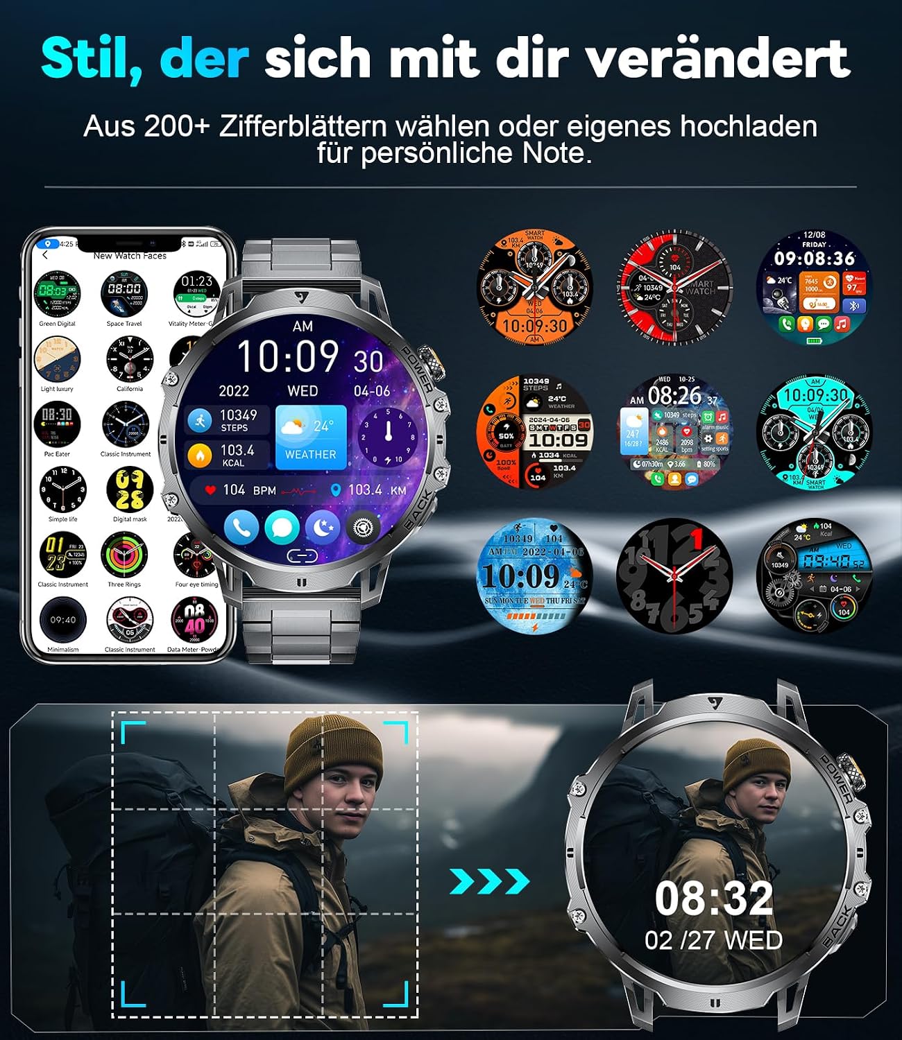 LIGE Men's Military Smartwatch - 1400 mAh / 1.85 Inch HD Large Touch Screen/Light – Bild 6