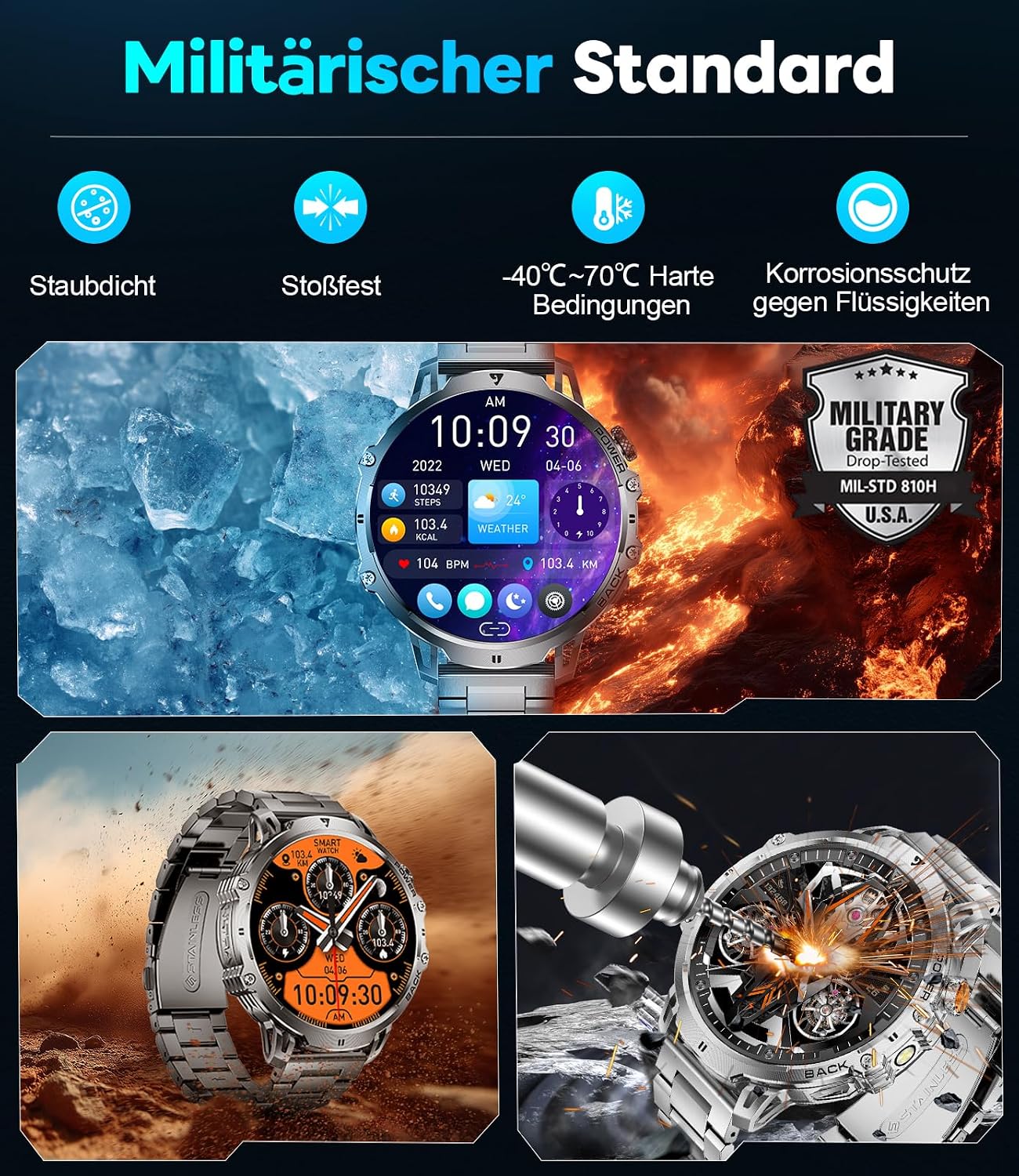 LIGE Men's Military Smartwatch - 1400 mAh / 1.85 Inch HD Large Touch Screen/Light – Bild 7