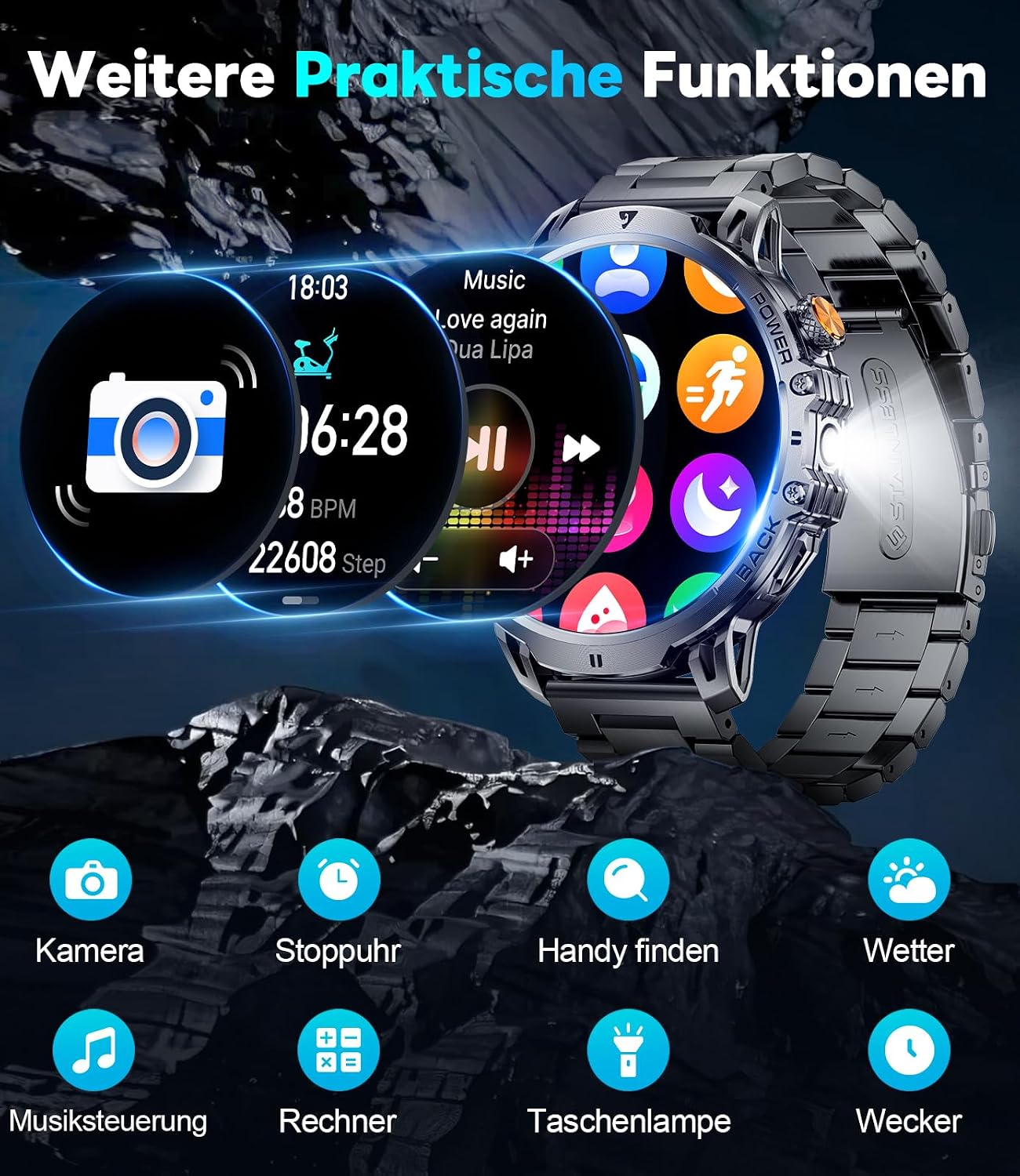 LIGE Men's Military Smartwatch - 1400 mAh / 1.85 Inch HD Large Touch Screen/Light – Bild 9